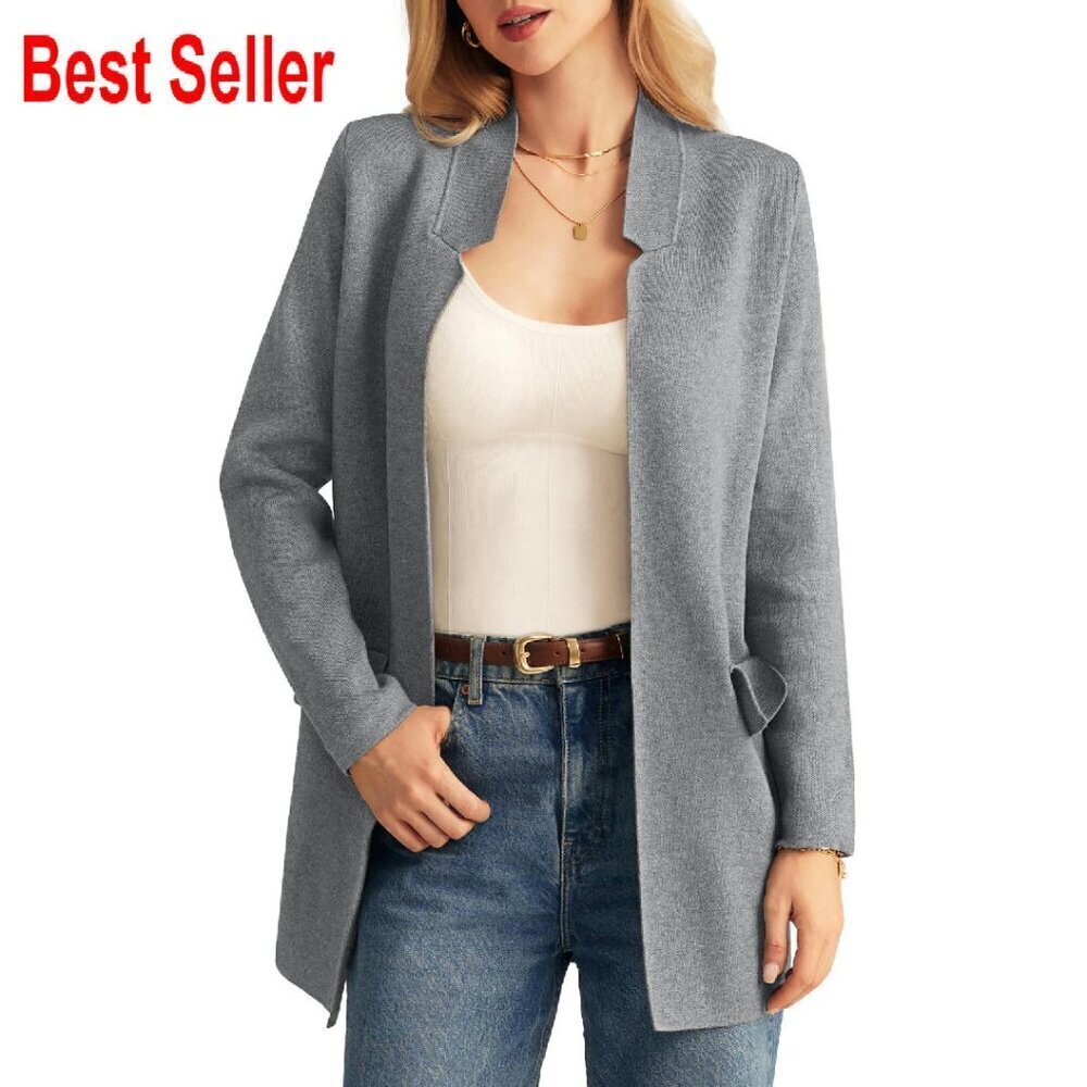 Long Sleeve Open Front Knit Cardigan Notch Collar Sweater Blazer Jacket